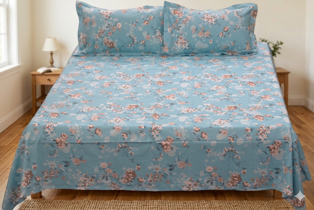 Sky Blue Floral Queen Size Bedsheet with Pillow Covers