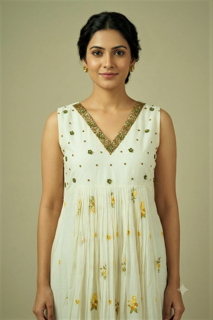 Women's Embroidered Churidar Top with Beaded V-Neck – Off White | Top Only with Sleeve Material