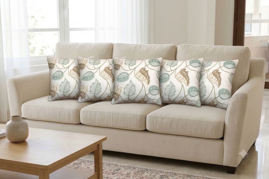 Elegant Green and Brown Leaf Print Cushion Covers – Set of 5