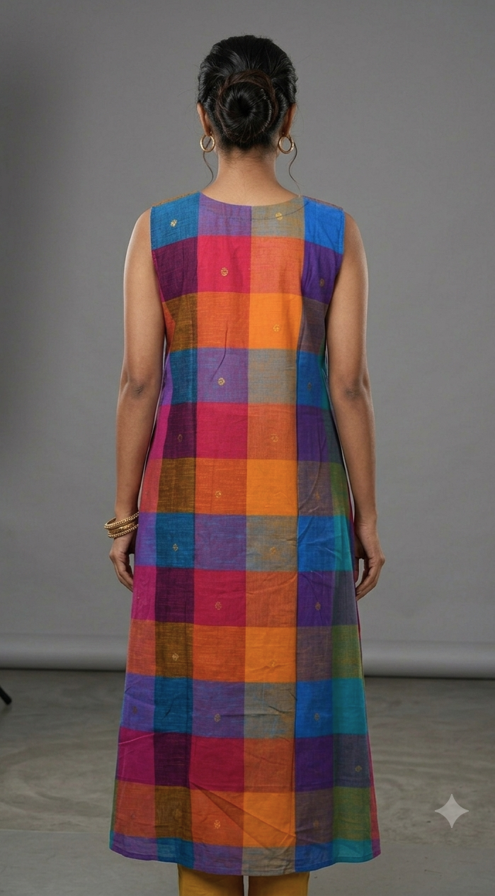 Madras Checks Cotton Sleeveless Ladies Top | Multicolor Check Pattern |