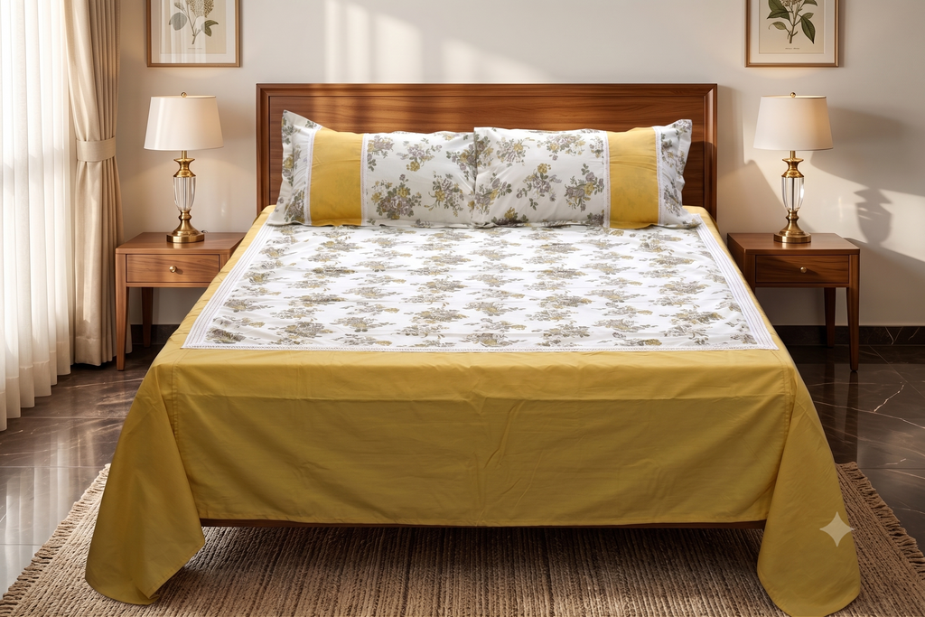 King Size Floral Bedspread Set with 2 Pillow Covers – Mustard Yellow & White | 98 x 102 Inches