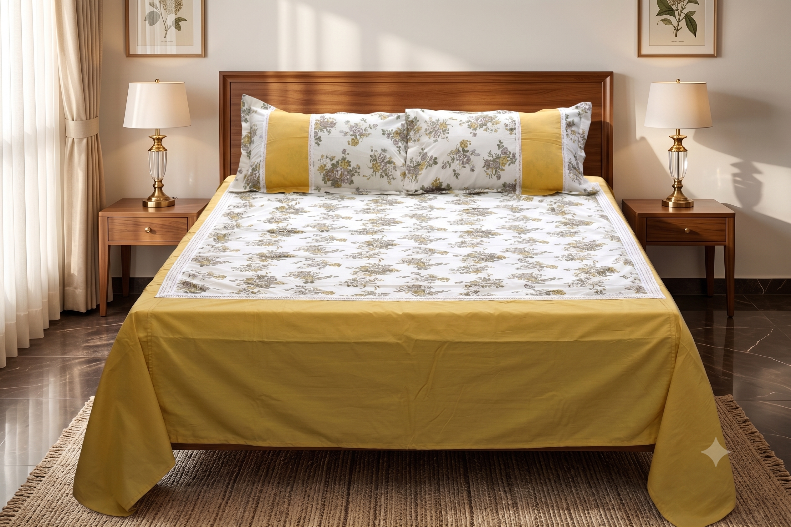King Size Floral Bedspread Set with 2 Pillow Covers – Mustard Yellow & White | 98 x 102 Inches