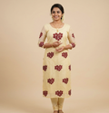 Mul Chandari Appliqué Work Dress Material for Women – Off White & Maroon Floral Design | 44 Inch Width&