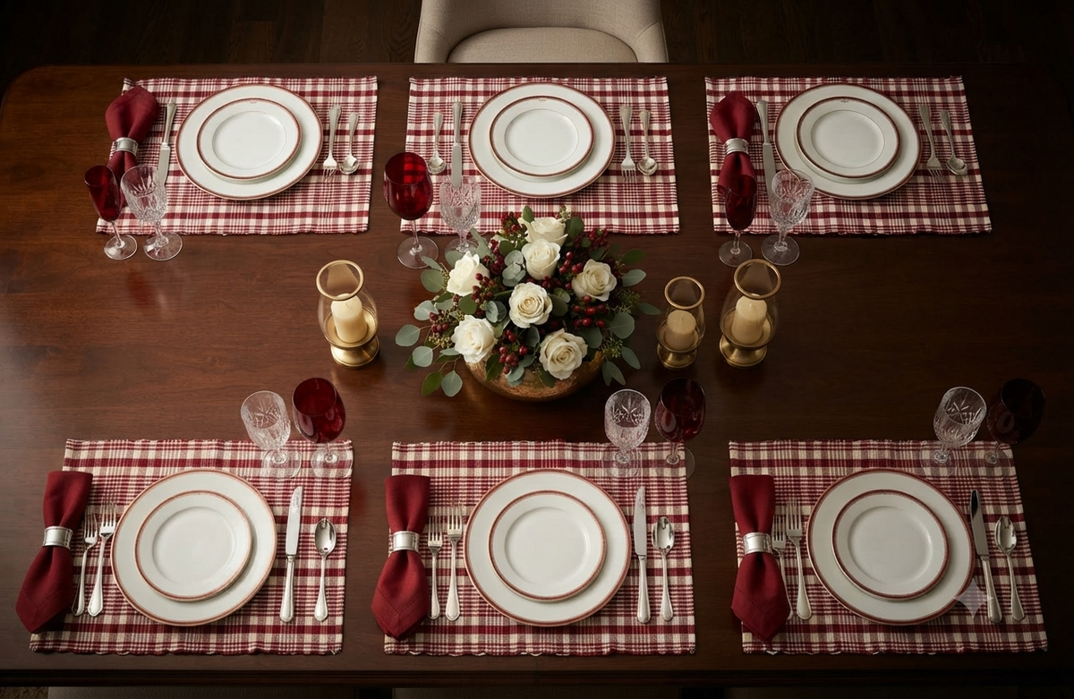 Maroon & Cream Checkered Woven Table Mat – 50 × 33 cm