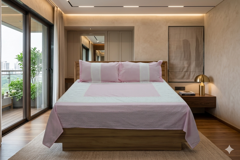 King Size Cotton Bed Sheet Set – Pink Checkered Design with Contrast Border & Pillow Covers