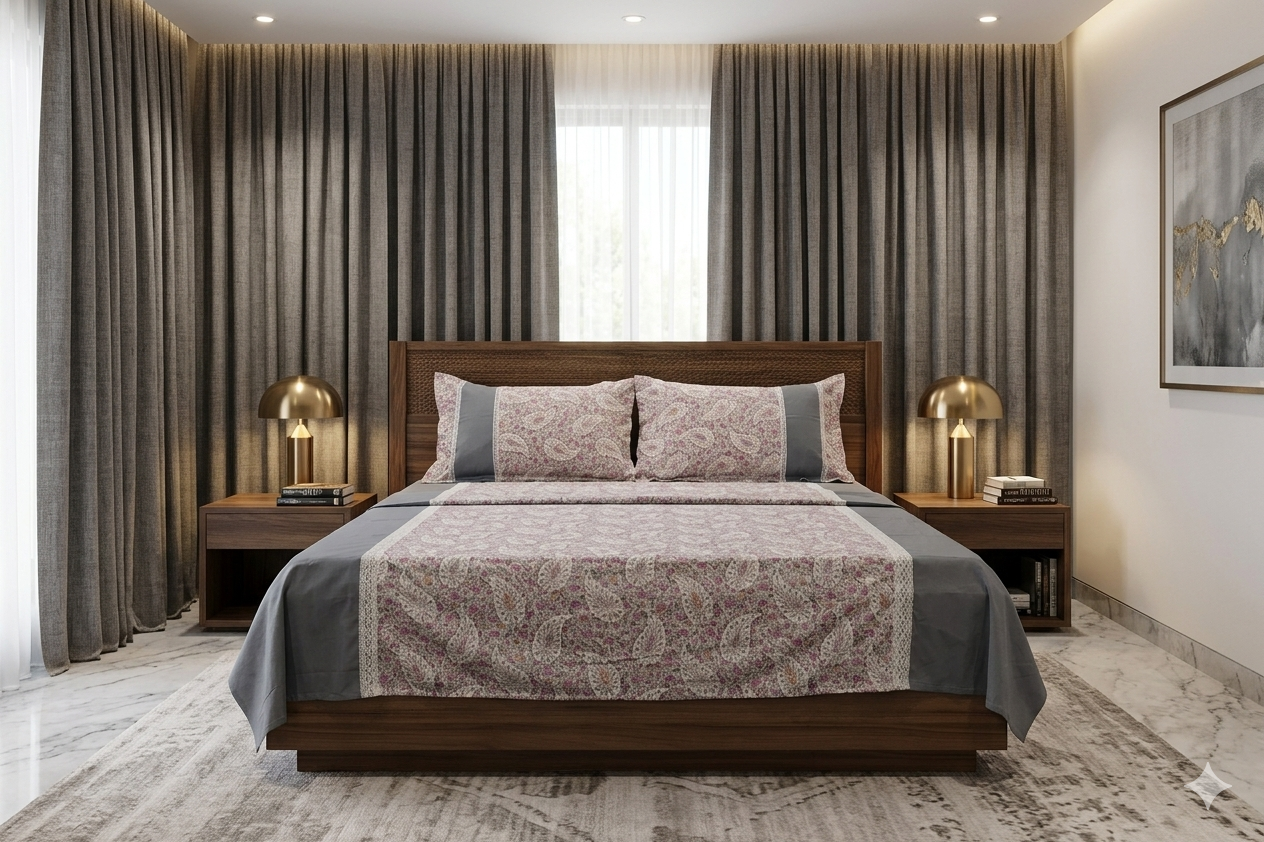 Elegant Paisley Floral King Size Bedspread Set with Pillow Covers – Grey & Pink Cotton Blend Bedding
