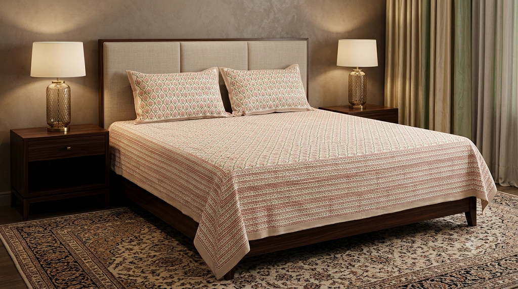 Queen Size Cotton Bedspread – Floral Block Print Design | 90 × 100 Inches