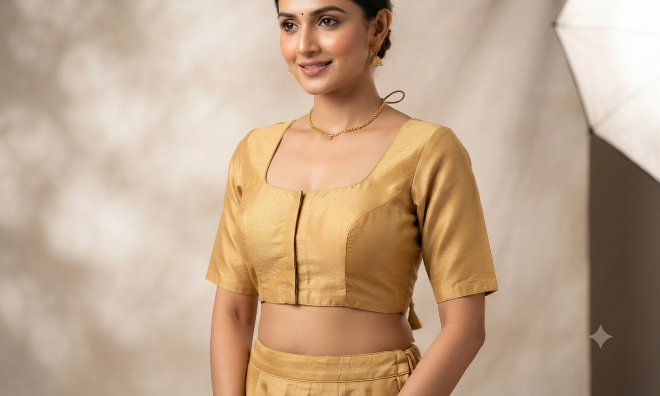 Women's Chanderi Silk Saree Blouse – Front Open Readymade Blouse | Half Sleeve | Padded | Golden Mustard