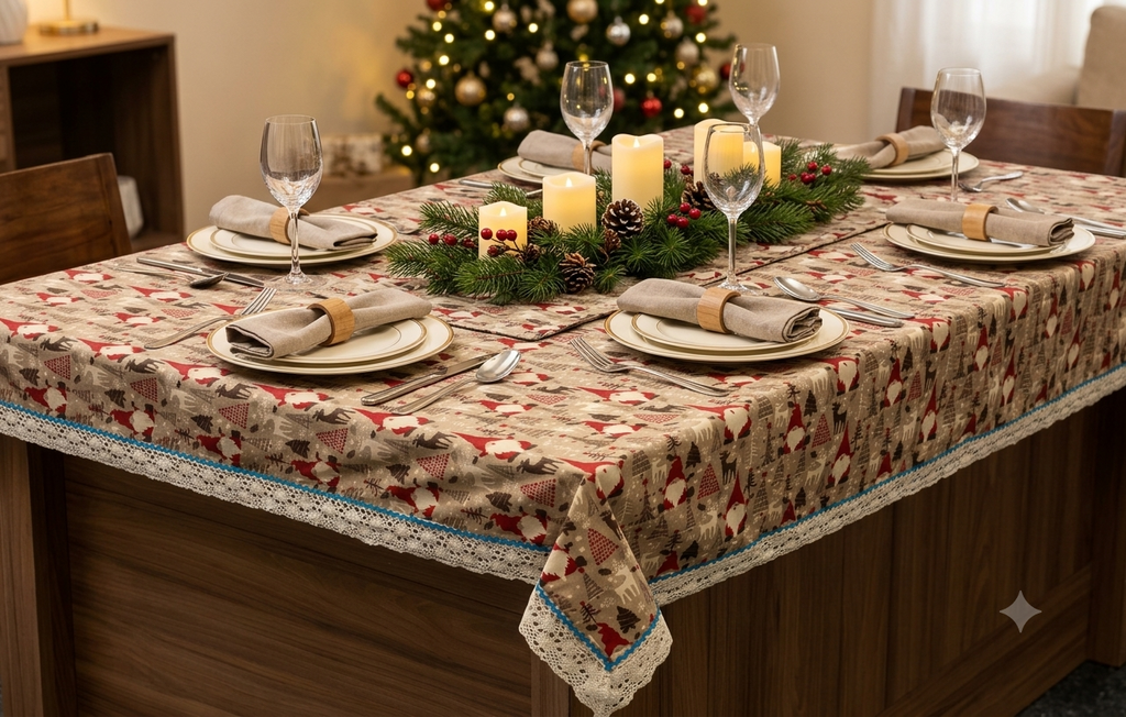 Festive Holiday Gnome Print Tablecloth with Elegant Lace Border – Nushio by Pulpel