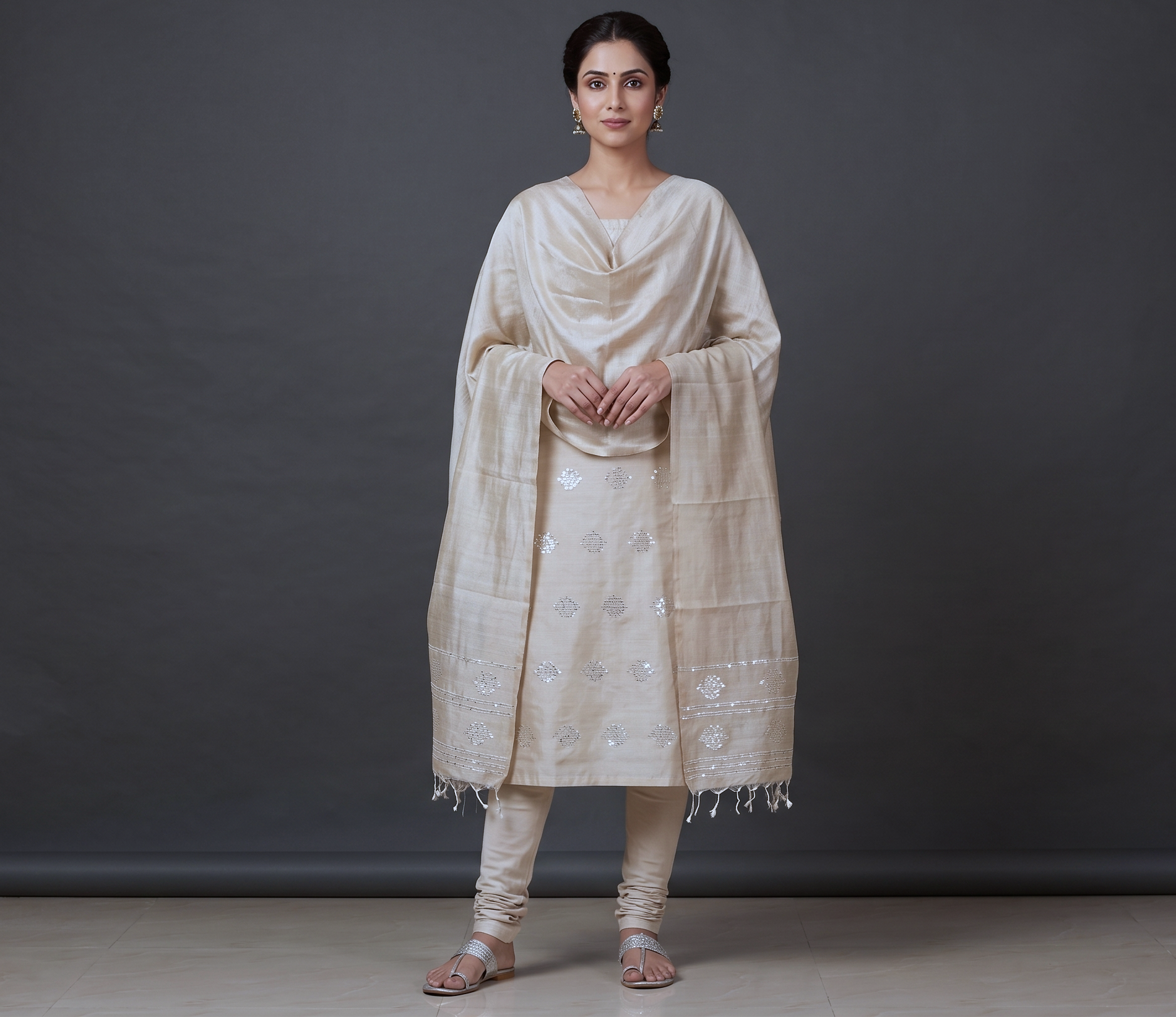 Ivory Elegance Tussar Silk Churidar Material Set