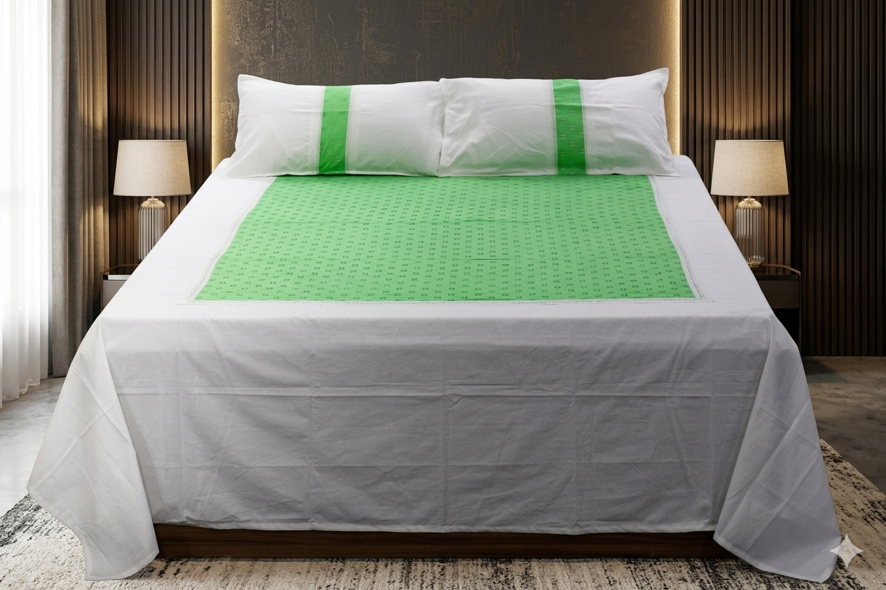 King Size White & Mint Green Cotton Bedspread Set with 2 Pillow Covers