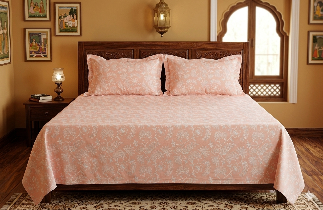 Peach Floral Queen Size Bedsheet Set with 2 Pillow Covers –  Cotton Printed Bed Sheet - Main Product Image - Cotton Floral Printed - Nushio