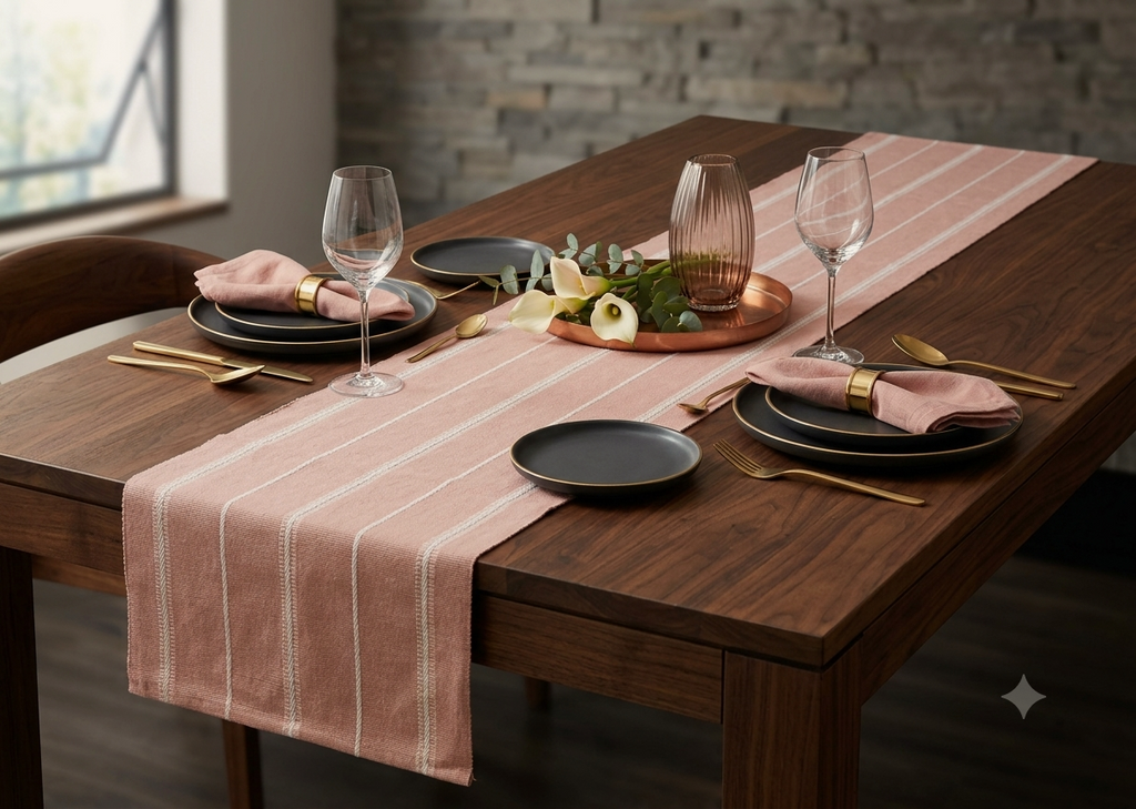 Pink & White Striped Table Runner – 116 × 30 cm
