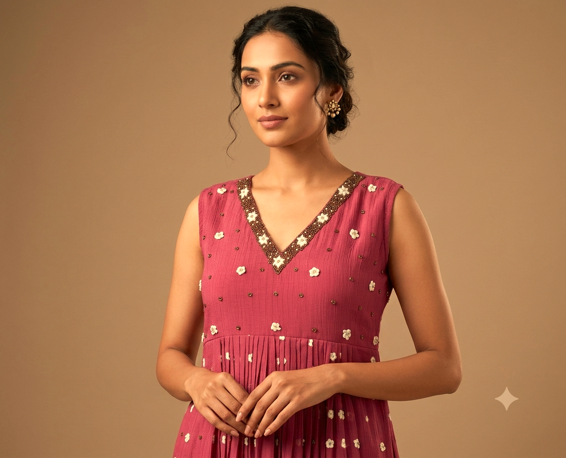 Women's Mull Chiffon Embroidered Churidar Top Only with V-Neck | Sleeves Material Included | Rose Pink
