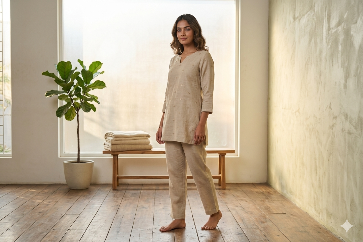 Elegant Beige Semi Linen Dress Material Set with Subtle Embroidery – 44" Width
