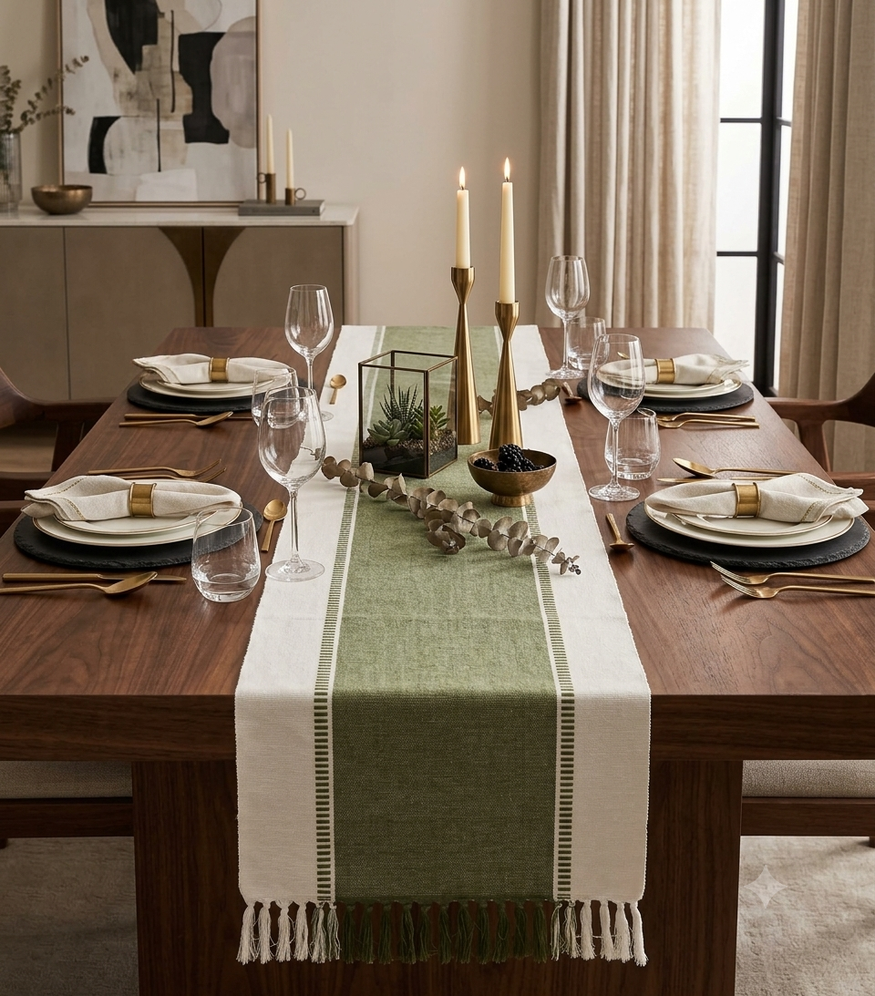 Olive Green & White Cotton Table Runner with Tassel Detailing – 180 × 40 cm