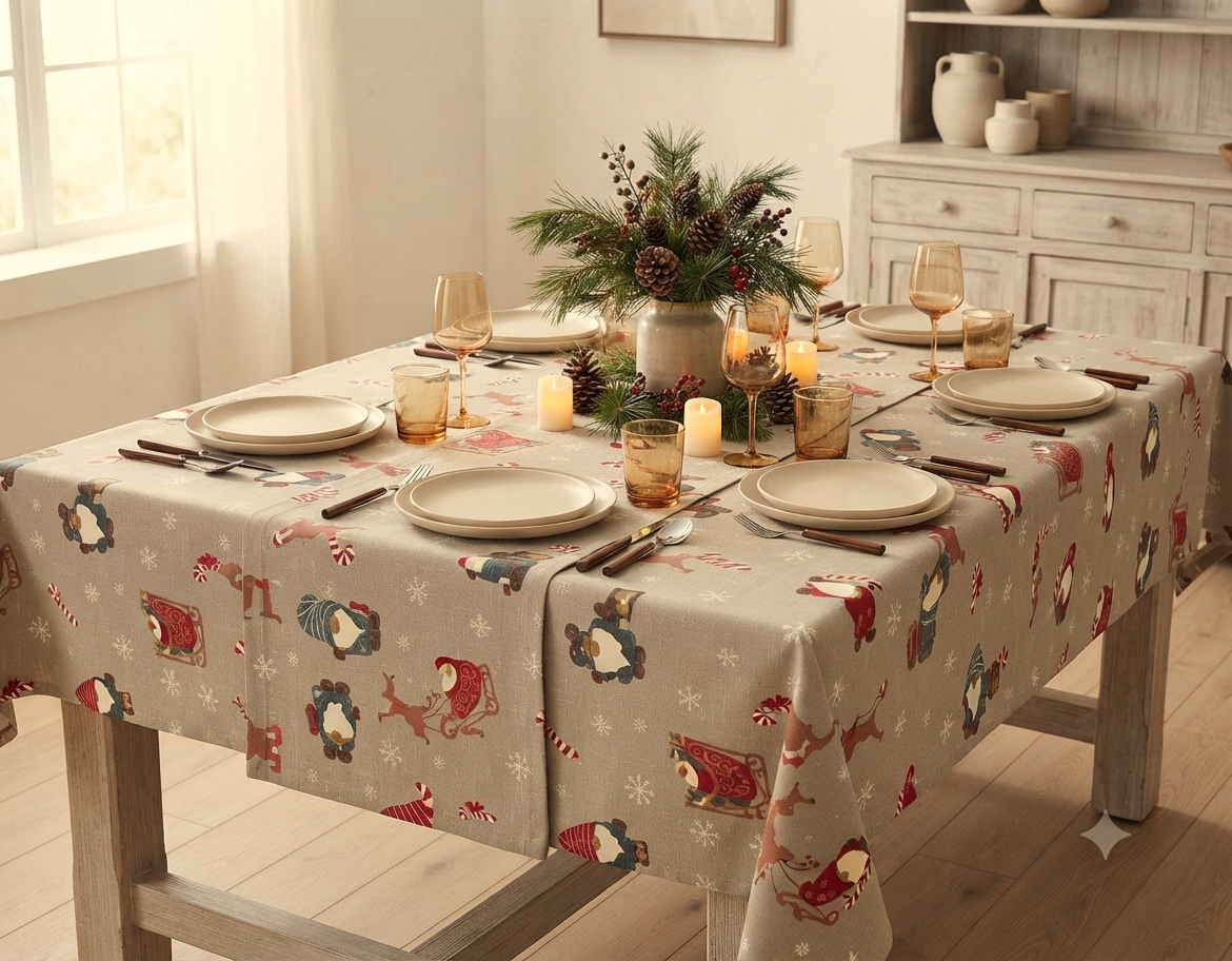 Christmas Santa & Reindeer Printed Fabric Running Material – 60 Inch Wide | Table Cloth, Table Runner & Cushion Cover Fabric