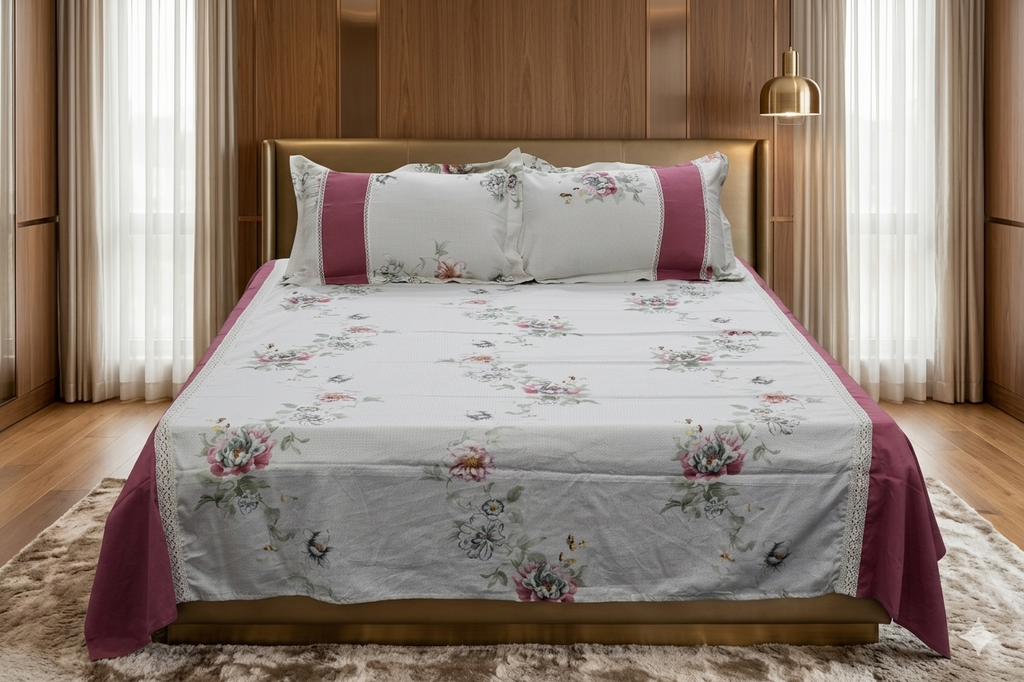 Elegant Floral King Size Bedspread Set with Lace Border –  Blend, Pink & Ivory