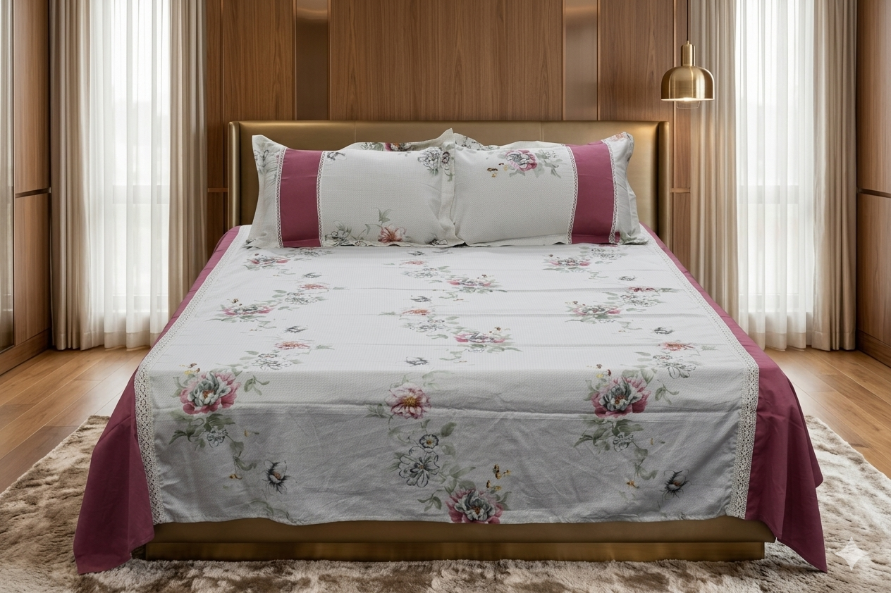 Elegant Floral King Size Bedspread Set with Lace Border –  Blend, Pink & Ivory