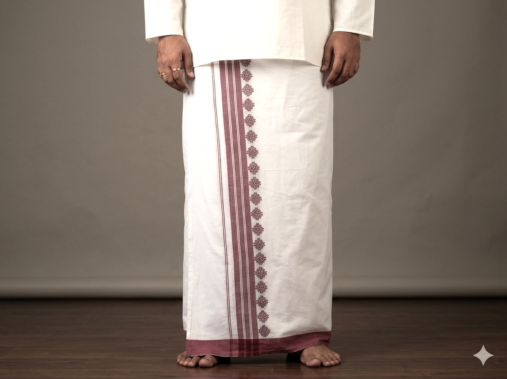 Premium Cotton Double Mundu with Maroon Border & Traditional Design-white