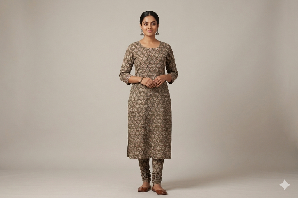 Earthy Brown Kalamkari Print Cotton Churidar Material – 44 Inch Width | 2.5 Meter Top Fabric
