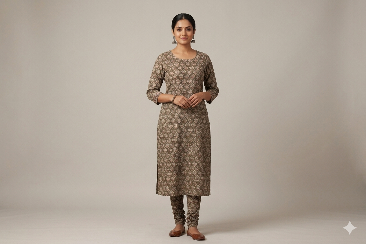 Earthy Brown Kalamkari Print Cotton Churidar Material – 44 Inch Width | 2.5 Meter Top Fabric