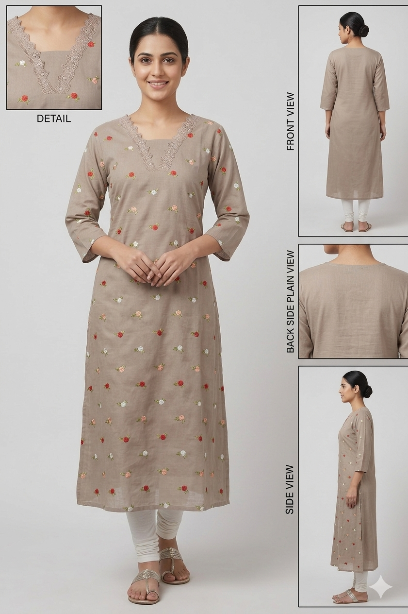 Elegant Beige Floral Flared Kurthi with Embroidered Neckline