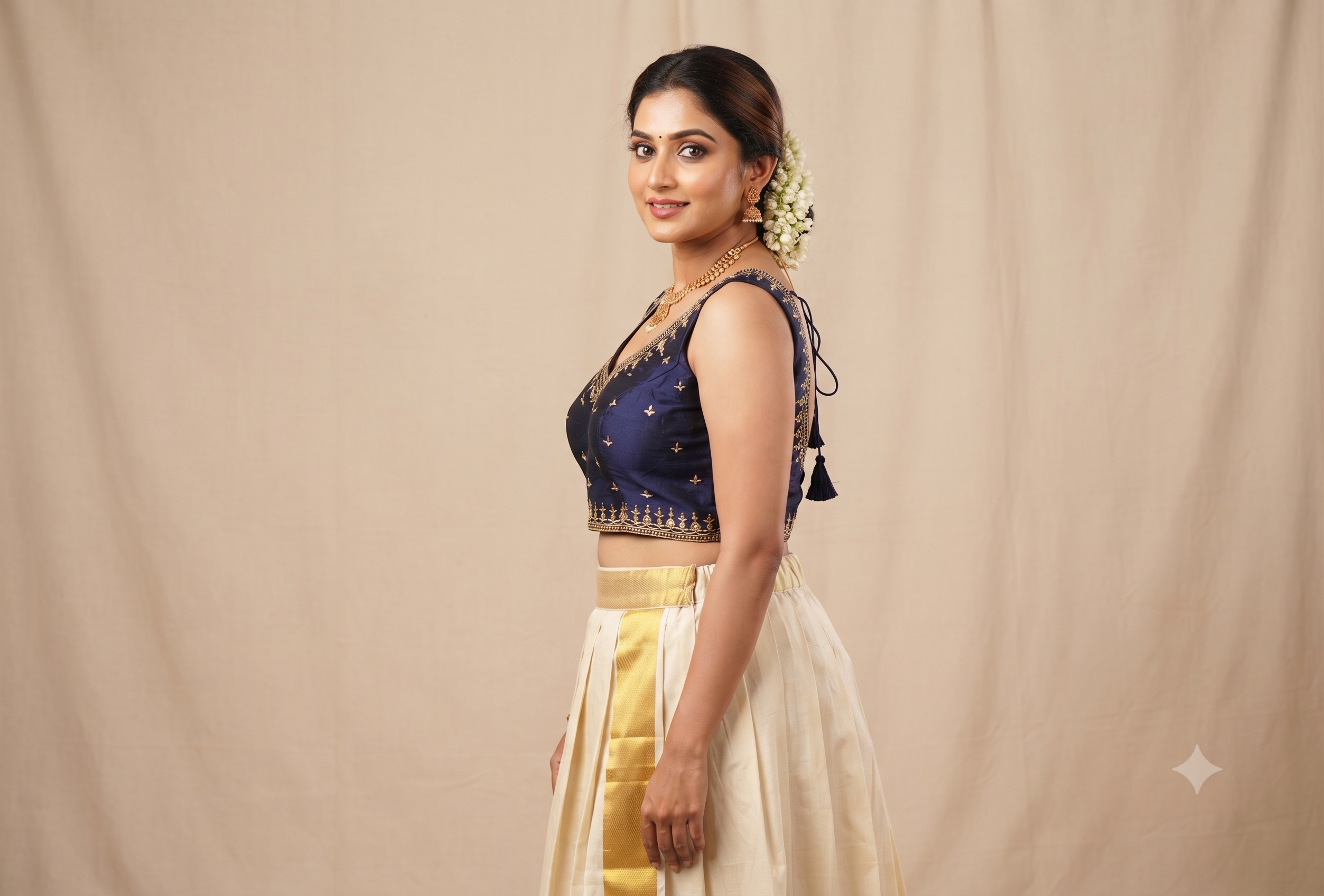 Navy Blue Chanderi Silk Embroidered Saree & Midi Blouse | Readymade Padded Blouse | Sleeves Included
