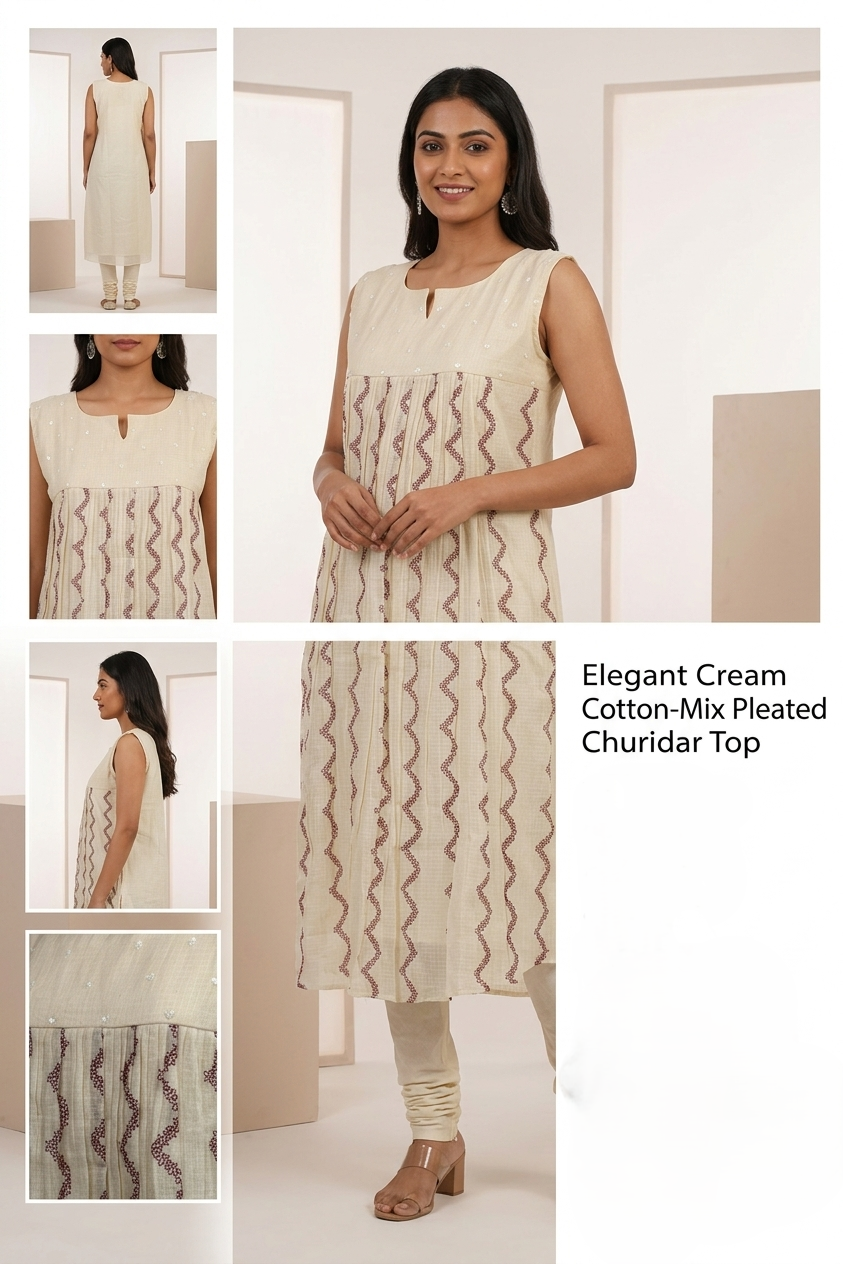 Women's Cream Embroidered Sleeveless Cotton Blend A-Line Top | Casual & Ethnic Wear