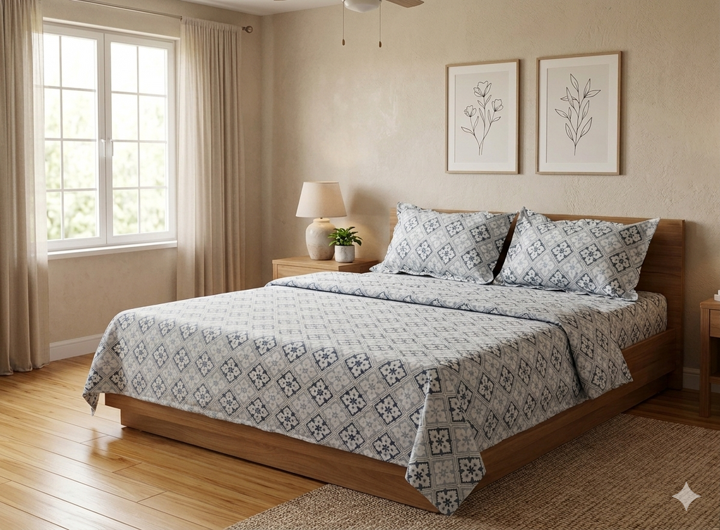 Silver Mosaic Geometric Queen Size Bedsheet with Pillow Covers