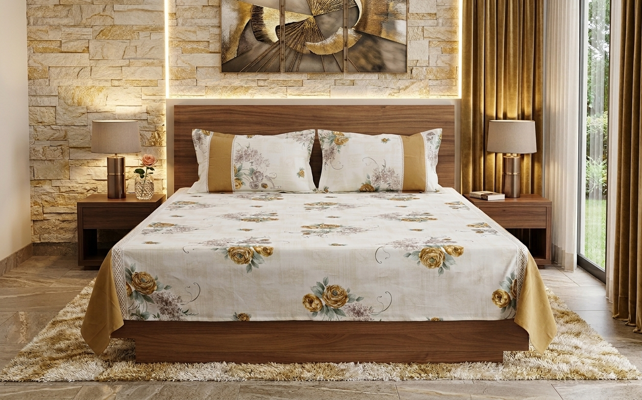 Floral Printed Bedspread with 2 Pillow Covers – 90 x 96 Inches | Elegant Cotton Blend Bedding Set