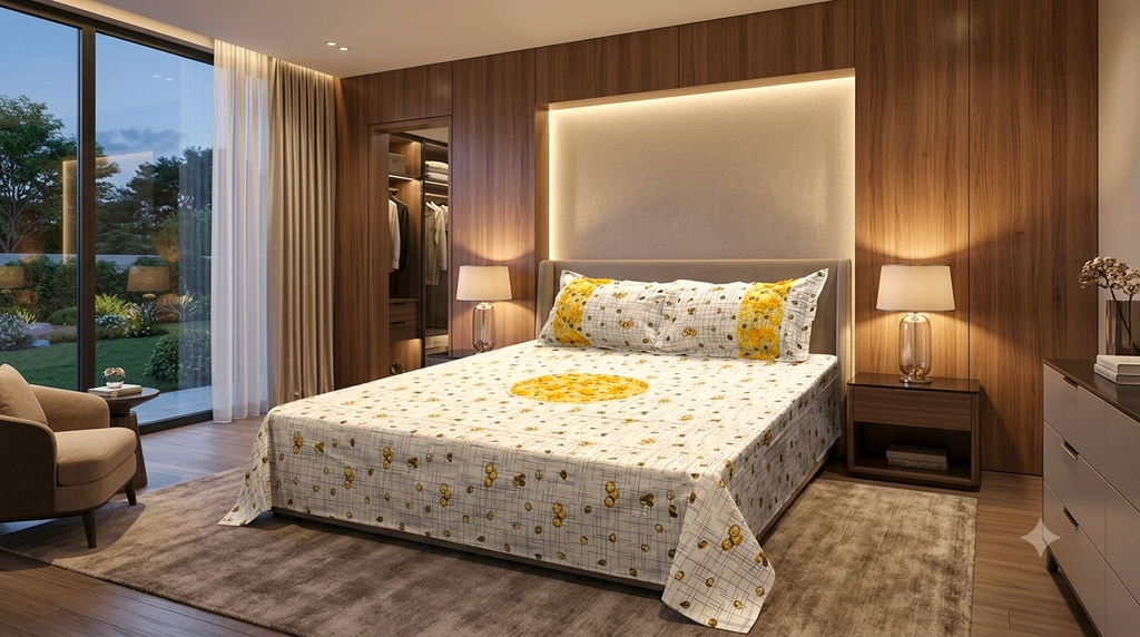 Cotton Blend Bedspread – Floral & Check Pattern with Yellow Center Design (94 × 96 Inch)