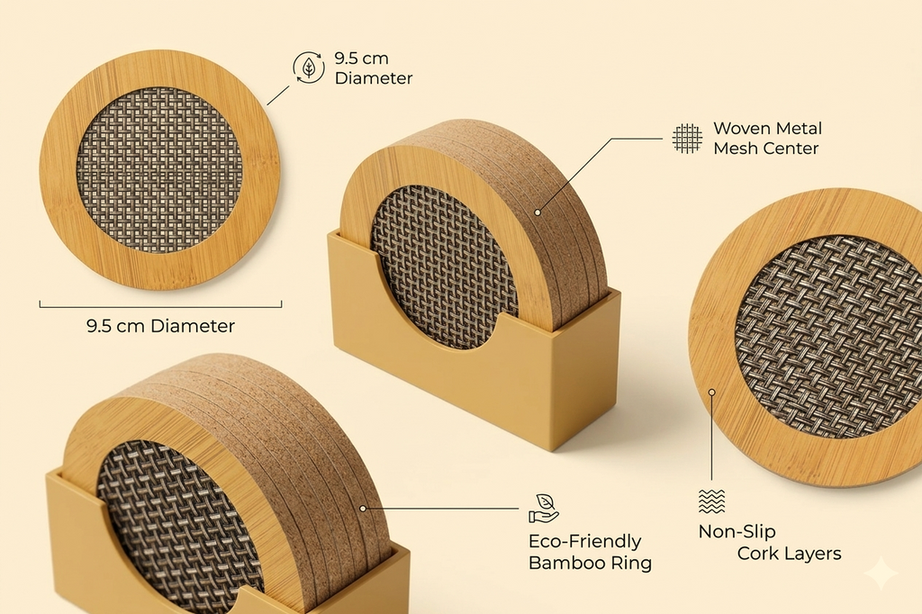 6 Pcs Bamboo Coaster Set with Holder – 9.5 cm Round Heat Resistant Tea & Coffee Cup Coasters