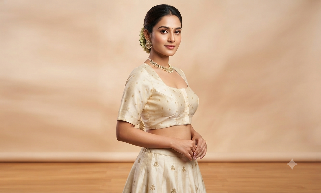 Women's Cream Chanderi Silk Front Open Saree Blouse | Readymade Padded Blouse for Saree & Midi