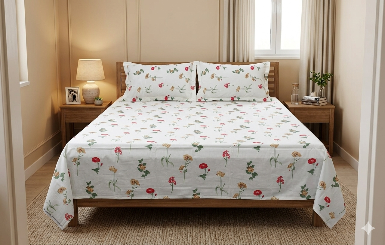 Floral Print Queen Size Bedsheet with Pillow Covers - Main Product Image - Floral - Nushio