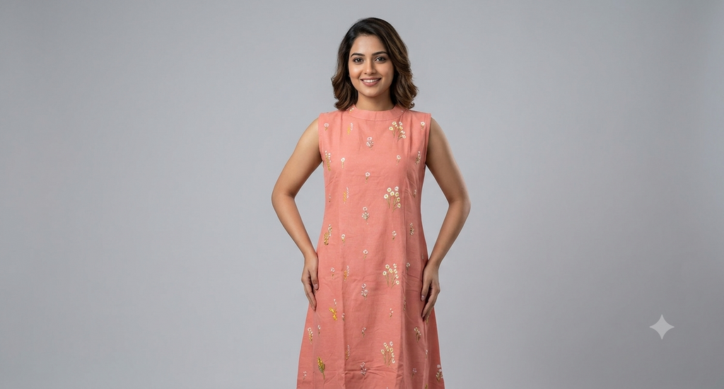 Women's Floral Embroidered Sleeveless Churidar Top | Cotton Blend Kurti Top | Top Only | Sleeve Fabric Included