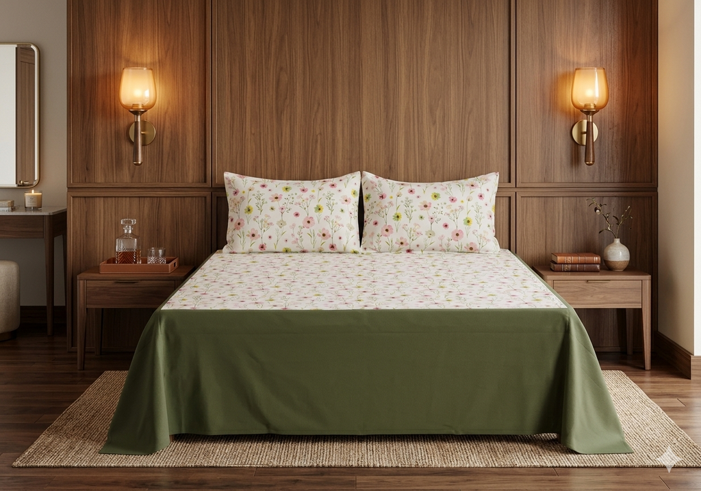 King Size Floral Cotton Bedsheet with 2 Pillow Covers – White & Olive Green Border Design