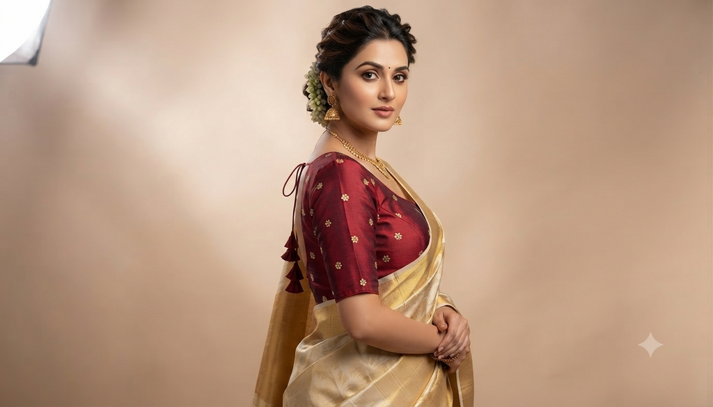 Women's Chanderi Silk Front Open Saree Blouse | Maroon with Gold Butti | Padded Ready-to-Wear Blouse