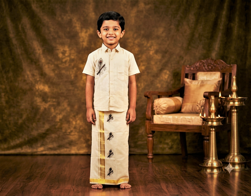 Kids Onam Tissue Fabric Shirt &Velcro Dhoti Combo Set – Cream Ethnic Shirt with Krishna Flute Print & Golden Kasavu Mundu | Traditional Kerala Festival Wear for Boys