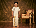 Kids Onam Tissue Fabric Shirt &Velcro Dhoti Combo Set – Cream Ethnic Shirt with Krishna Flute Print & Golden Kasavu Mundu | Traditional Kerala Festival Wear for Boys