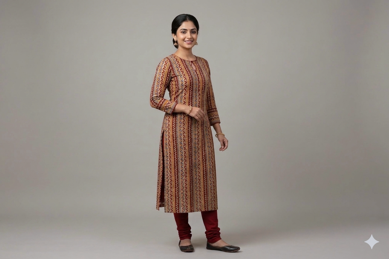 Rustic Tribal Kalamkari Print Cotton Churidar Material – 44" Width | Top Fabric 3 Mtr