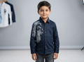 Kids Navy Blue Full Sleeve Lion Print Party Shirt
