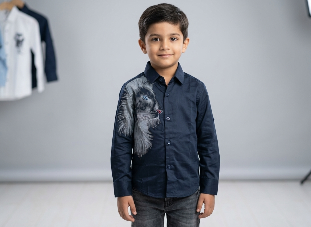 Kids Navy Blue Full Sleeve Lion Print Party Shirt