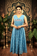 Women's Light Blue Chiffon Embroidered Churidar Top | Floral Embroidery | Sleeves Included | Top Only