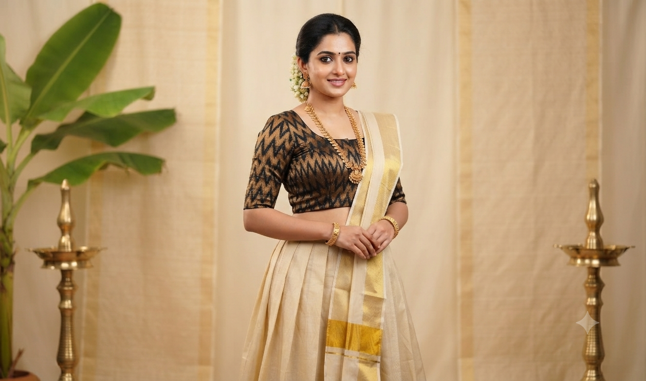 Women's Chanderi Silk Front Open Saree Blouse | Gold Ikat Pattern | Padded Readymade Blouse for Saree & Midi