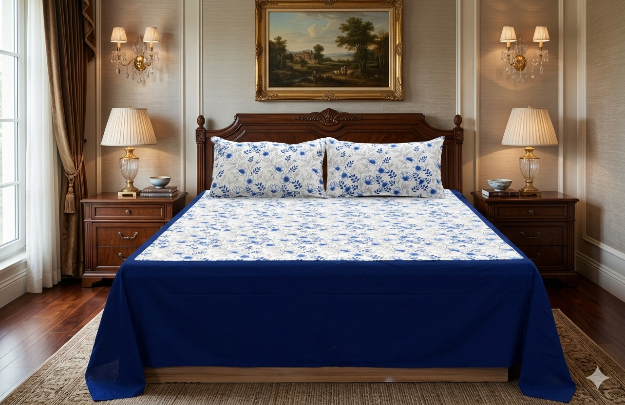 Royal Blue Floral King Size Bedspread Set with 2 Pillow Covers | Elegant Cotton Blend Bedding