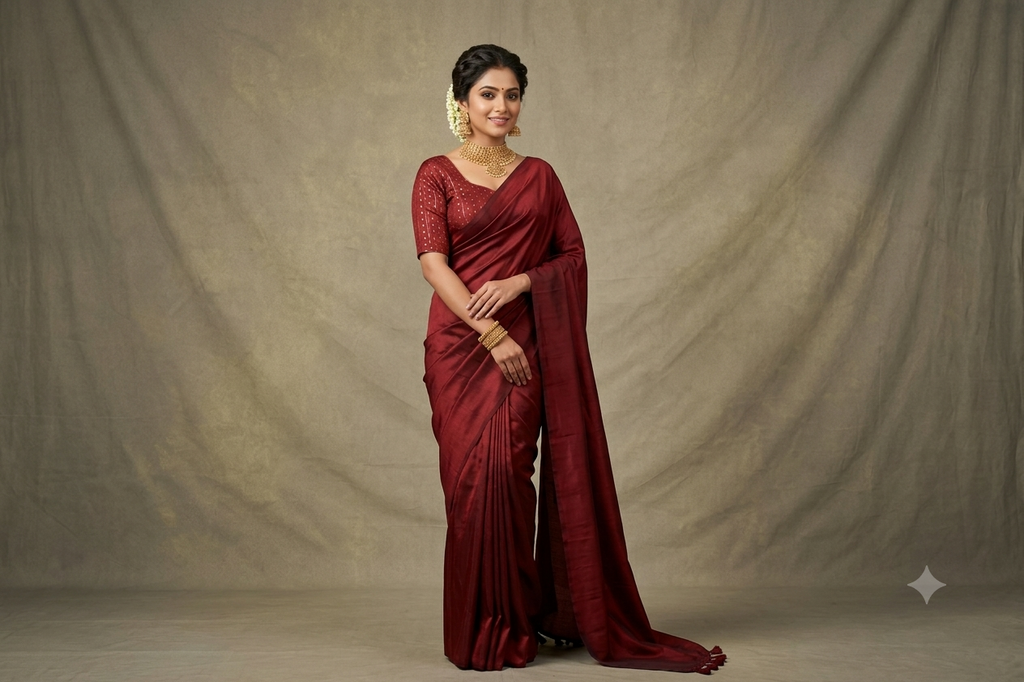 Women's Chanderi Silk Saree Blouse | Front Open Readymade Blouse | Maroon with Gold Butti Design | Padded | Elbow Sleeves