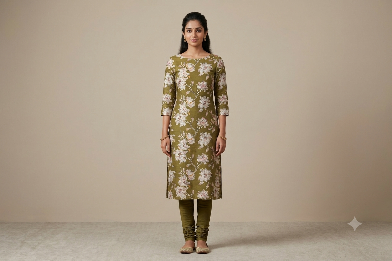 Olive Green Floral Vatican Silk Dress Material Set | Top & Bottom | 56''Width