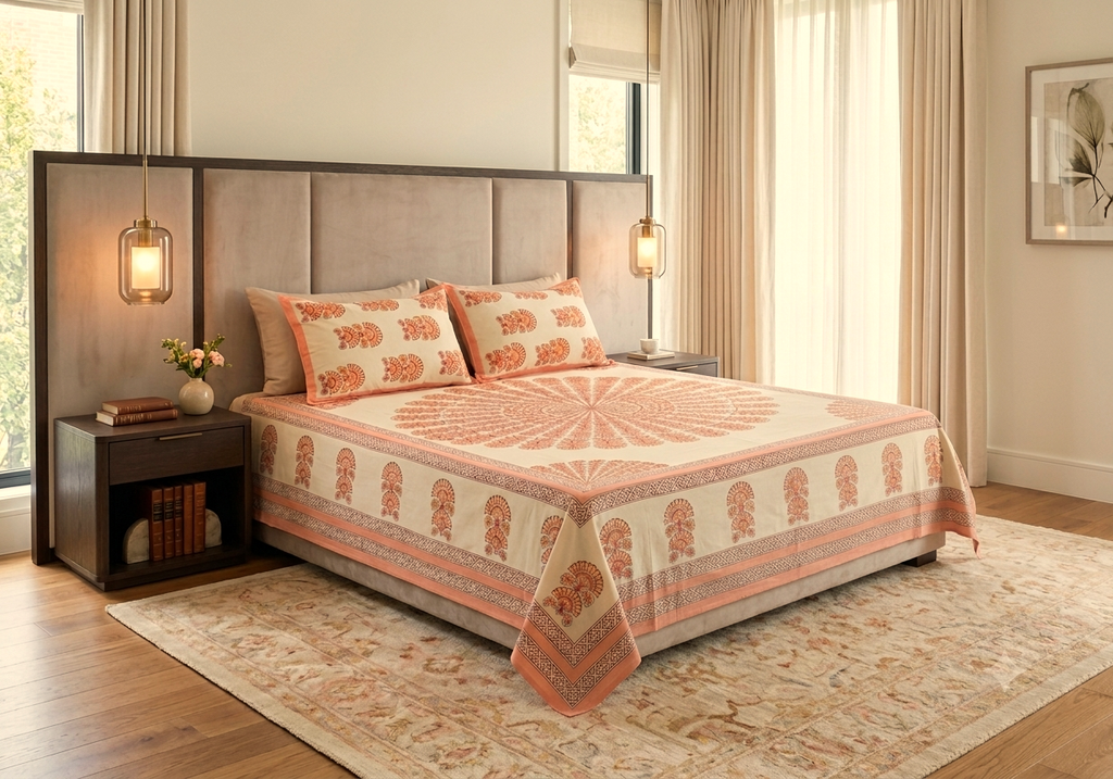 Queen Size Cotton Bedspread 90 × 100 Inches – Peach Floral Printed Design