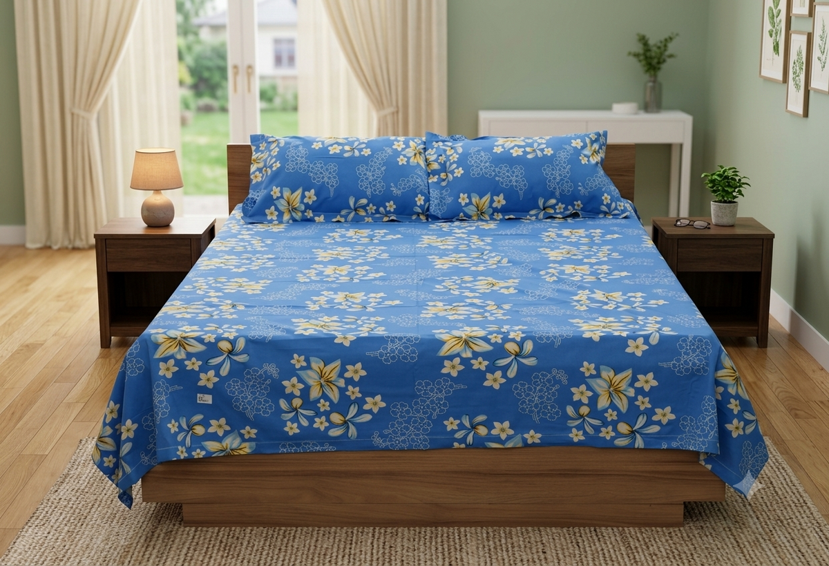 Queen Size Floral Bed Spread – 90 x 100 Inch  Blue Printed Bedspread
